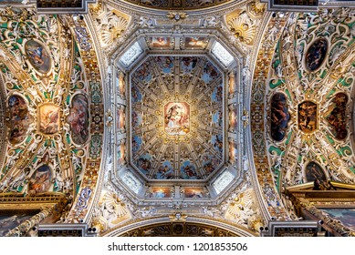 Bergamo, Italy - September 15, 2018: View Of The Ceiling Of Basilica Di Santa Maria Maggiore. This Major Basilica Was Founded In 1137 And Is Dedicated To Saint Mary 