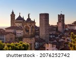 Bergamo, Lombardy, Italy. Skyline of the upper town and the bell towers of medieval churches