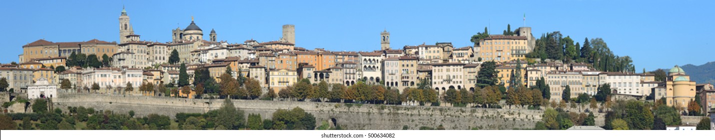 Bergamo - Old city (Citta Alta). One of the beautiful city in Italy. Lombardia. Landscape on the old city during a wonderful blu day.              