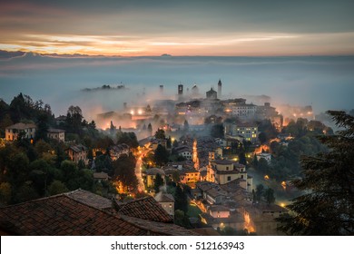 Bergamo through the fog at dawn