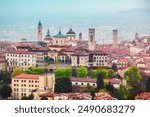 Bergamo upper town aerial panoramic view. Bergamo is a city in the alpine Lombardy region of northern Italy.