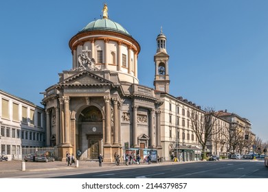 BERGAMO,ITALY - MARCH 23,2022 - View at the Church of Santa Maria Annuziata in the streets of Bergamo. Bergamo is a city in the alpine Lombardy region of northern Italy.