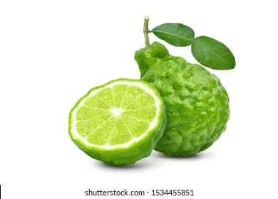 Bergamot fruit with cut in half and leaf isolated on white background. Clipping path.