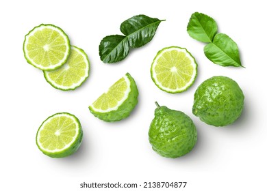 Bergamot Fruit With Green Leaf Isolated On White Background. Top View. Flat Lay.