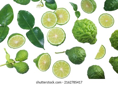 bergamot or kaffir with slice and leaves isolated on white background , top view , flat lay. - Shutterstock ID 2162785417