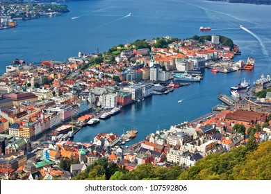 Bergen City In Norway View From Hill.