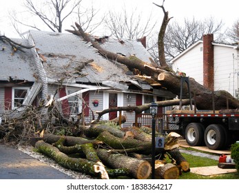 Bergen County, NJ / USA - March 15, 2010: A Tree Lays On Top Of A Damaged House In The Aftermath Of A Storm.