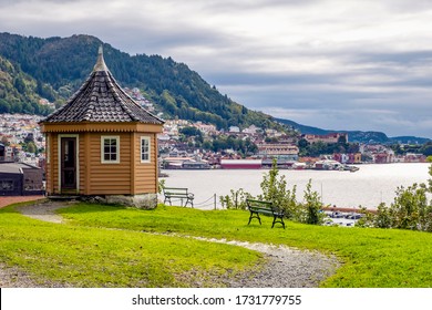 Bergen, Hordaland / Norway - 2019/09/06: Panoramic View Of Bergen Harbor Seen From Old Bergen Museum, Gamle Bergen Museum, Heritage Park