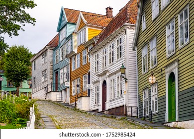 Bergen, Hordaland / Norway - 2019/09/06: Reconstructed XIX Century Norwegian City Street With Wooden Houses In Old Bergen Museum - Gamle Bergen Museum - Heritage Park