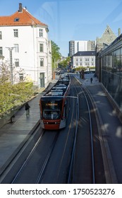 Bergen Norway - 05 29 2020: Bergen Light Rail At Nonneseter Kvartalet