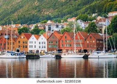 Bergen, Norway - August 3, 2014: View of historical buildings in Bergen, Norway. UNESCO World Heritage Site. Bryggen is the Hanseatic wharf.