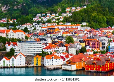 Bergen, Norway Cityscape Panorama With Colorful Traditional Houses And Fjord