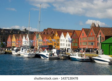 Bergen, Norway - July 18 2014: View To Colorful Hanseatic League Houses Iof Bryggen Bergen 