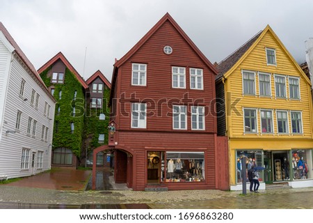 Bergen / Norway - June, 2019: Bruggen is a complex of commercial buildings located on the waterfront in the center of Bergen.