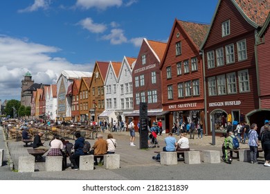 Bergen Norway June 22, 2022: Famous Historic Shopping Street Strandgaten In Bergen With Many Tourists Eating And Dining Outside