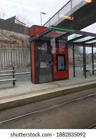 Bergen, Norway, March 2018: View Of Light Rail Stop In From City To Airport, The Light Rail Also Called As Bybanen