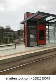 Bergen, Norway, March 2018: View Of Light Rail Stop In From City To Airport, The Light Rail Also Called As Bybanen