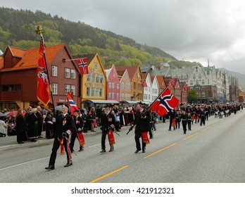 
BERGEN / NORWAY - May 17, 2016: National Day In Norway. Norwegians At Traditional Celebration And Parade.