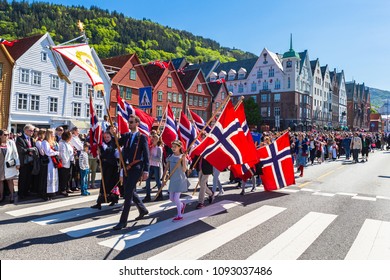 BERGEN / NORWAY - May 17, 2018: National Day In Norway. Norwegians At Traditional Celebration And Parade.