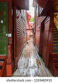 Bergen, Norway - Sep 10 2018: A narrow alley in Bryggen, the famous old town in Bergen city.