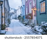 Bergen, Norway.Traditional Norwegian wooden houses along the street in winter time. Scandinavia, Northern Europe