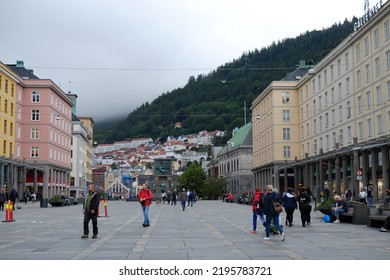 Bergen Old Town City View, People Are Walking, Bergen Touristic Area, City Center, Bergen, Norway, July 2016. 