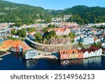 Bergen old town and Skutevik district, aerial view, Norway