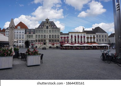 Bergen op Zoom, The Netherlands - August 11, 2018; The monumental town hall on the Grote Markt of Bergen op Zoom