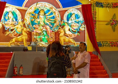 BERHAMPORE, INDIA - Oct 11, 2021: A Durga Puja Committee Member Giving An Interview To The Local News Tv Channel About Their Puja Pandel And Planning For This Year 