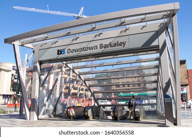Berkeley, CA - Feb 8, 2020: Downtown Berkeley BART station entrance. Bay Area Rapid Transit trains carry commuters to their destinations in San Francisco, the East Bay and San Mateo County.