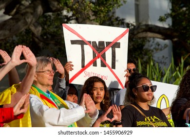 Berkeley, CA - July 19, 2019: Unidentified Protestors At Sproul Plaza, Protesting In Solidarity With The Activists In Hawaii To  Protect Mauna Kea From The Building Of A Thirty Meter Telescope Atop It