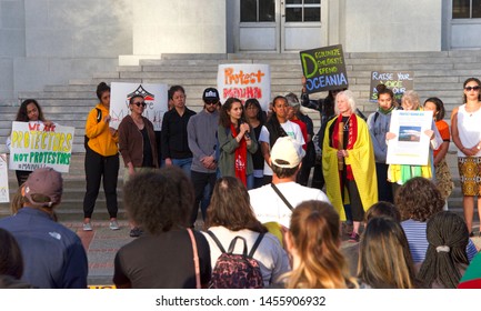 Berkeley, CA - July 19, 2019: Unidentified Protestors At Sproul Plaza, Protesting In Solidarity With The Activists In Hawaii To  Protect Mauna Kea From The Building Of A Thirty Meter Telescope Atop It