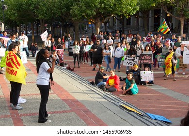 Berkeley, CA - July 19, 2019: Unidentified Protestors At Sproul Plaza, Protesting In Solidarity With The Activists In Hawaii To  Protect Mauna Kea From The Building Of A Thirty Meter Telescope Atop It