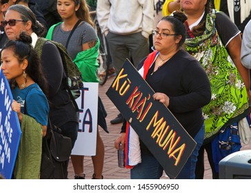 Berkeley, CA - July 19, 2019: Unidentified Protestors At Sproul Plaza, Protesting In Solidarity With The Activists In Hawaii To  Protect Mauna Kea From The Building Of A Thirty Meter Telescope Atop It