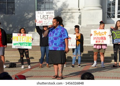 Berkeley, CA - July 19, 2019: Unidentified Protestors At Sproul Plaza, Protesting In Solidarity With The Activists In Hawaii To  Protect Mauna Kea From The Building Of A Thirty Meter Telescope Atop It