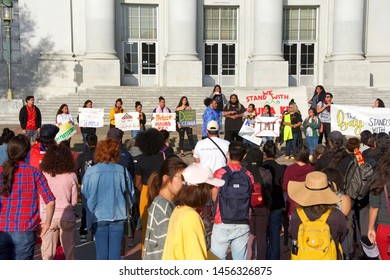 Berkeley, CA - July 19, 2019: Unidentified Protestors At Sproul Plaza, Protesting In Solidarity With The Activists In Hawaii To  Protect Mauna Kea From The Building Of A Thirty Meter Telescope Atop It