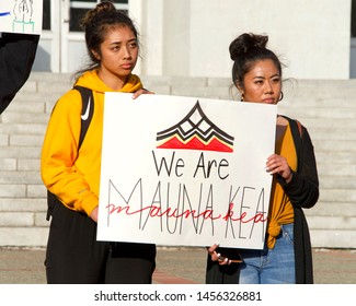 Berkeley, CA - July 19, 2019: Unidentified Protestors At Sproul Plaza, Protesting In Solidarity With The Activists In Hawaii To  Protect Mauna Kea From The Building Of A Thirty Meter Telescope Atop It