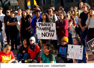 Berkeley, CA - July 19, 2019: Unidentified Protestors At Sproul Plaza, Protesting In Solidarity With The Activists In Hawaii To  Protect Mauna Kea From The Building Of A Thirty Meter Telescope Atop It