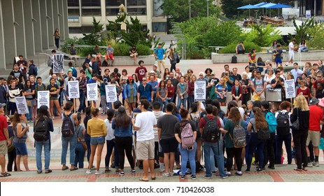 Berkeley, CA - September 05, 2017: Unidentified participants protesting Trump rescinding DACA,. Approximately 200 demonstrators gathered in UC Berkeley’s Sproul Plaza and marched down Telegraph Avenue