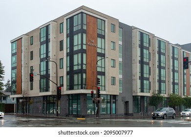 Berkeley, CA, USA - December 22, 2021: The Aquatic apartment complex on University Ave and Sixth St.