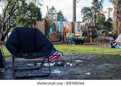 Berkeley, CA, USA - December 27, 2021: Homeless Encampments At Peoples Park, A Historic Site Of Political Activism