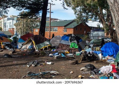 Berkeley, CA, USA - December 27, 2021: Homeless Encampments At Peoples Park, A Historic Site Of Political Activism