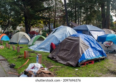 Berkeley, CA, USA - December 27, 2021: Homeless Encampments At Peoples Park, A Historic Site Of Political Activism