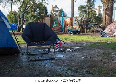 Berkeley, CA, USA - December 27, 2021: Homeless Encampments At Peoples Park, A Historic Site Of Political Activism