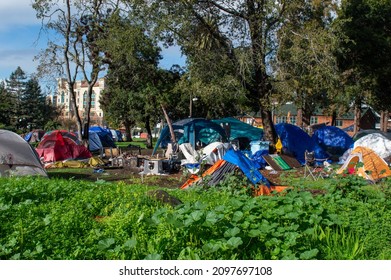 Berkeley, CA, USA - December 27, 2021: Homeless Encampments At Peoples Park, A Historic Site Of Political Activism