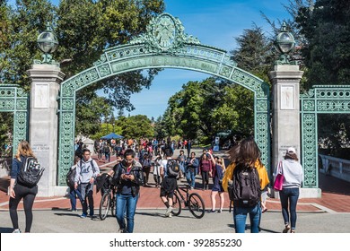 Berkeley, California - March 16, 2016: Students pass through Sather Gate, a  landmark built in 1910, connecting Sproul Plaza to the center of the college campus at University of Berkeley, California.