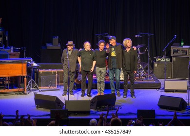 Berkeley, CA/USA - 6/2/2016: The Rides (L-R) Barry Goldberg , Stephen Stills ,Chris Layton , Kevin McCormick , Kenny Wayne Shepherd Take A Bow After Their Show In Berkeley, CA. 