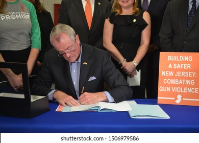 BERKELEY HEIGHTS, NJ - JULY 16, 2019: NJ Governor Phil Murphy Signs A Package Of Commonsense Gun Safety Bills.