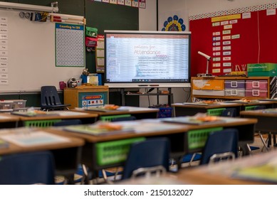 Berkeley Springs, WV, USA - 08 17 2021: View Of Empty Elementary School Classroom In The US.