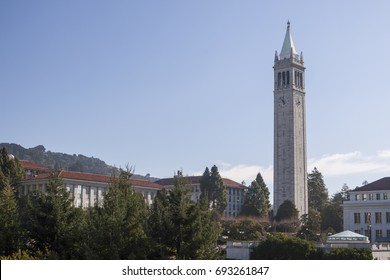 Berkeley, USA - January 3 2011: The Sather Tower, a campanile (clock tower), with clocks on its four faces, on the University of California, Berkeley campus